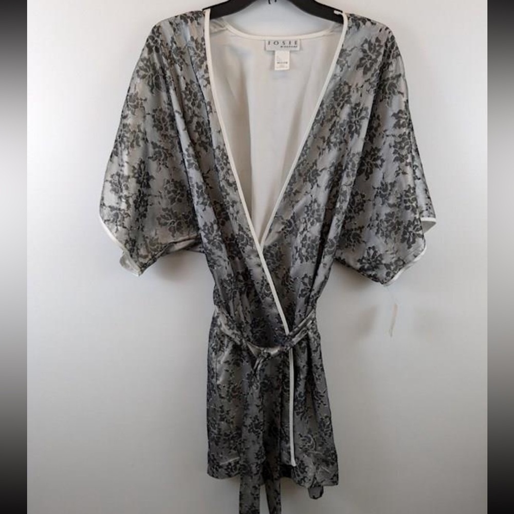 Josie By Natori Sheer Black Floral Lace Lined Kimono Size M